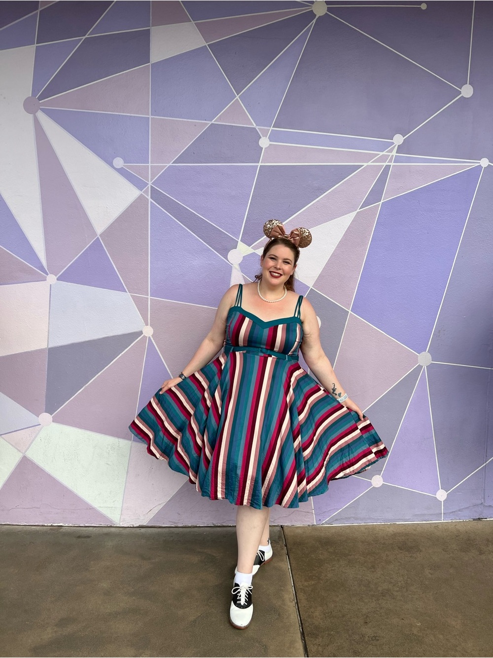 Striped Teal & Pink A-Line retro style Dress with Belt